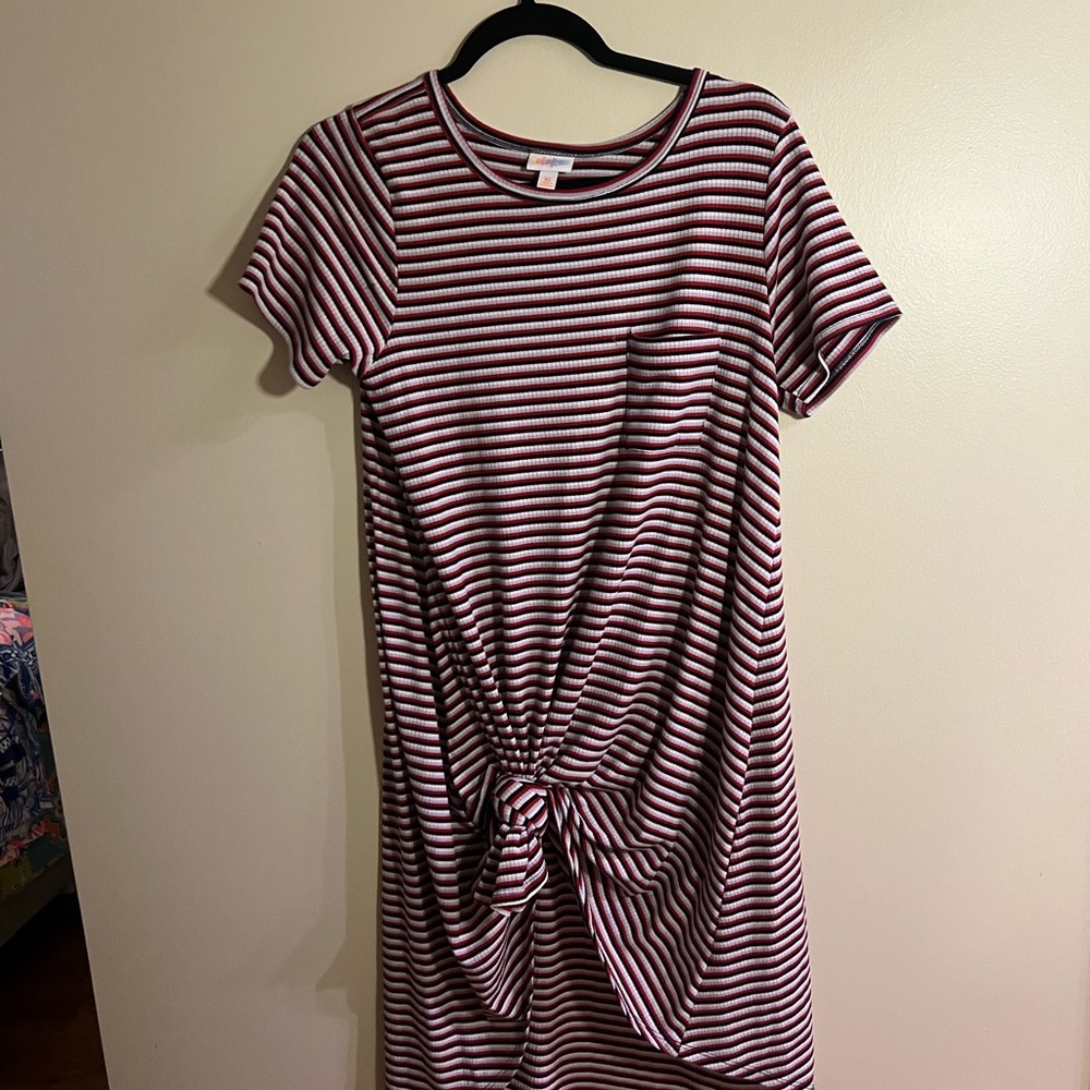 LuLaRoe CARLY Red and White Tie Front Ruched Midi Dress